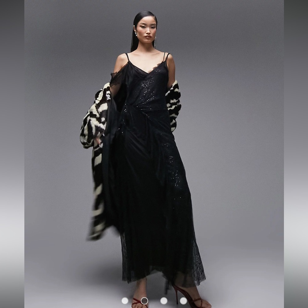 Topshop Black Sequin Maxi Slip Dress with Strappy Shoulders